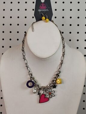paparazzi Silver-Tone Necklace with Pink Heart, Purple Ring & Yellow Beads